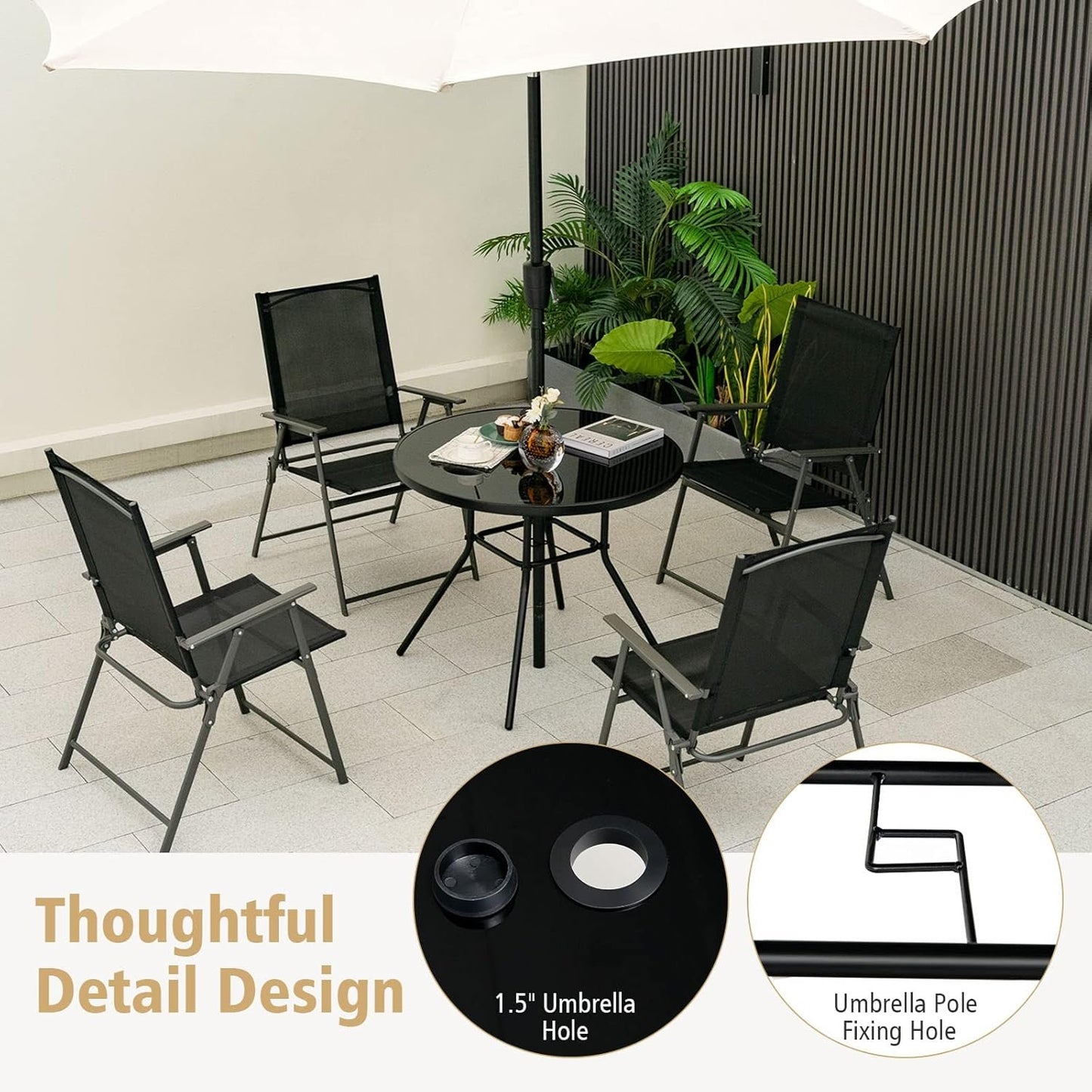 HAPPYGRILL 34" Outdoor Bistro Table, Patio Dining Table with 1.5” Umbrella Hole, Silkscreen Glass Tabletop, Metal Frame, Round Side Table Conversation Coffee Table for Patio Garden Backyard Poolside
