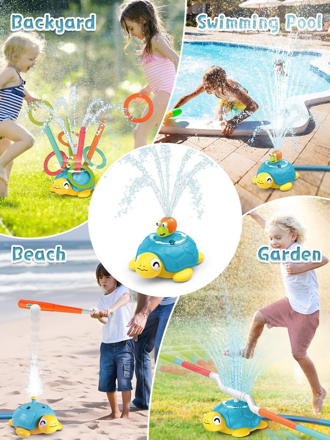 4 in 1 Turtle Water Sprinkler for Kids, Outdoor Toys with Snail Splash, Ring Toss, Baseball Game & Hurdle Play, 360°Roating Spray Summer Fun Backyard Garden Lawn for Toddlers Kids Boys Girl 3-12 Gifts