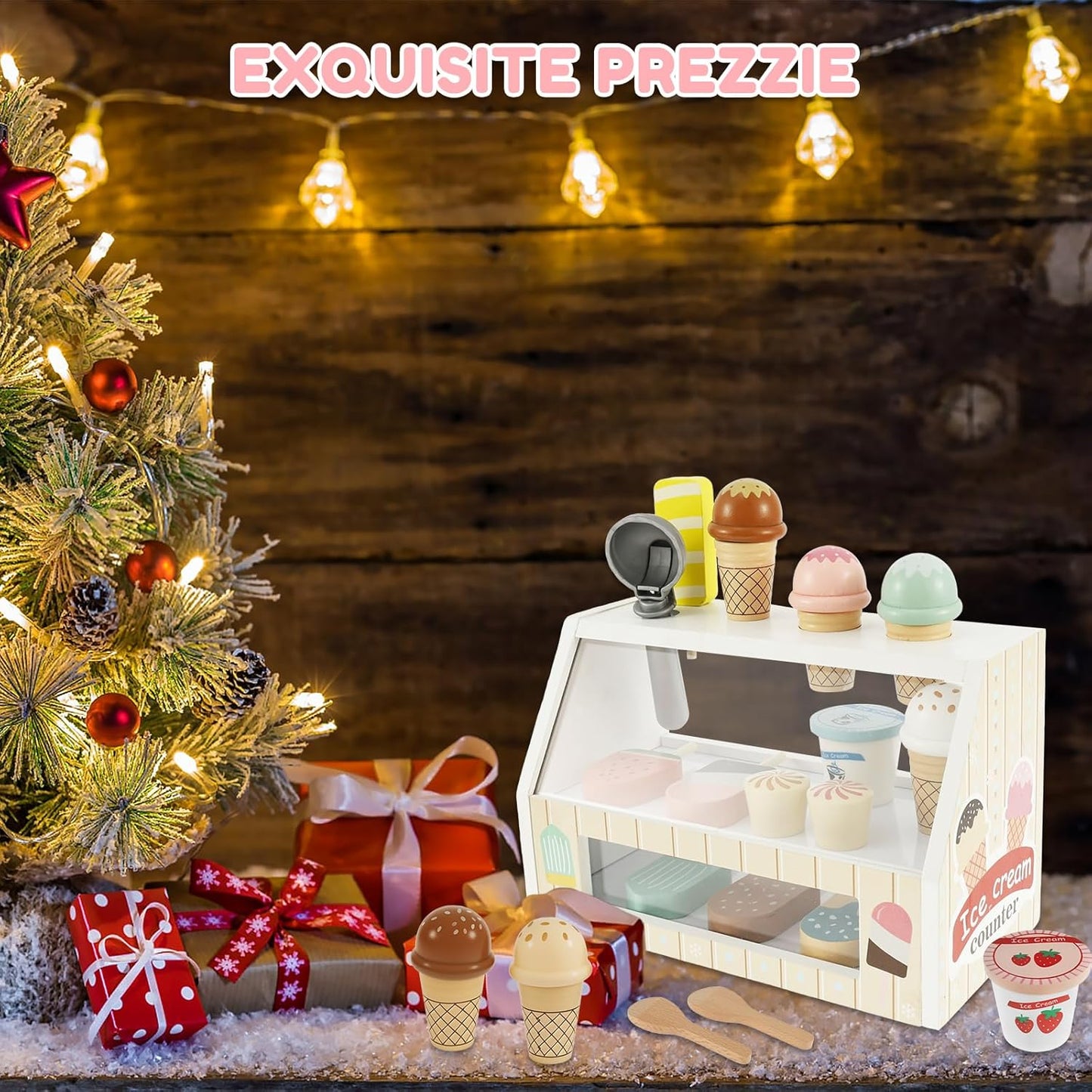 Wooden Ice Cream Toys, Wood Ice Cream Counter Play Set, Play Store Pretend Toy for Toddlers, Ice Cream Counter Shop with Spoon, Play Kitchen Accessories for Kids