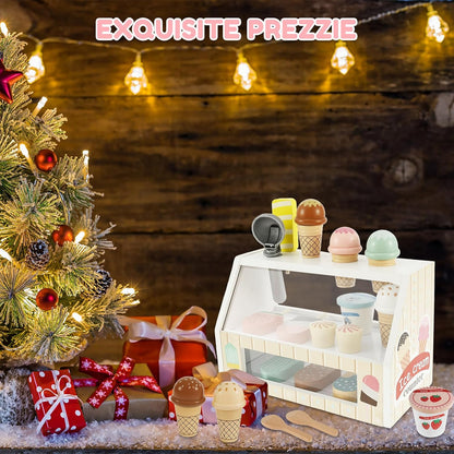 Wooden Ice Cream Toys, Wood Ice Cream Counter Play Set, Play Store Pretend Toy for Toddlers, Ice Cream Counter Shop with Spoon, Play Kitchen Accessories for Kids