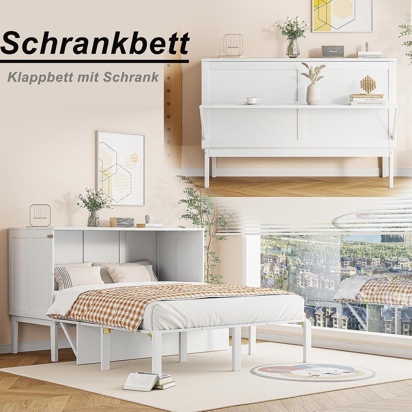 Billg Folding Double Bed 140 x 200 cm, Multifunctional Wall Bed 2 in 1, Modern Wardrobe Bed, Fold-Out Bed with Shelves and Slatted Base, Load 180 kg, Without Mattress
