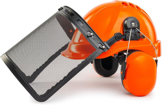 LANON Chainsaw Helmet Forestry Safety Helmet Protection System,ANSI Approved Hard Hats with Adjustable Ear Muffs & Face Shield Visor, 6 Point Adjustable Ratchet Suspension, Class C, Orange