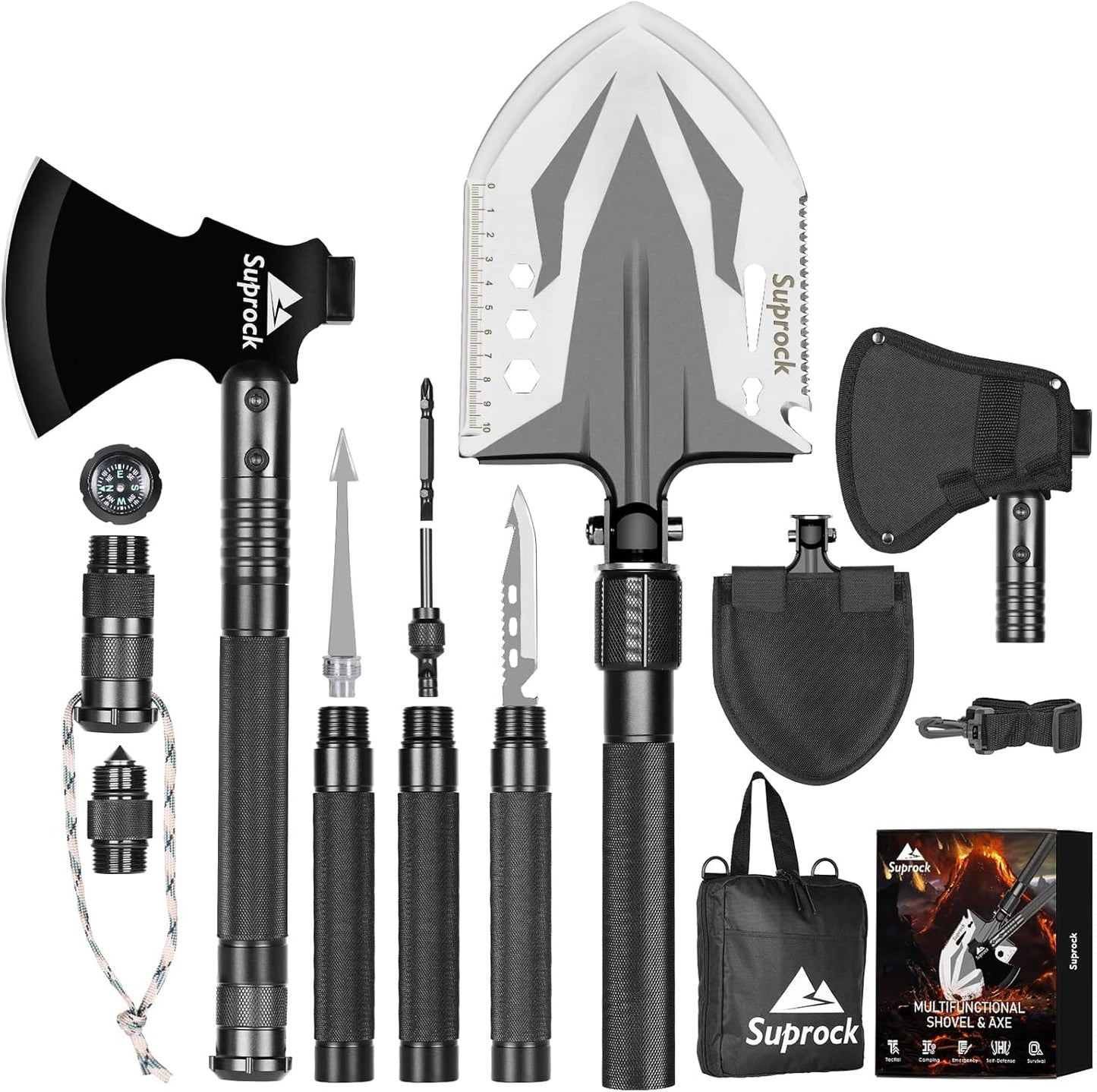 Survival Tactical Shovel Axe - High Carbon Steel Folding Entrenching Tool for Camping, Hiking - Carrying Pouch Included - Car Emergency Survival Gear