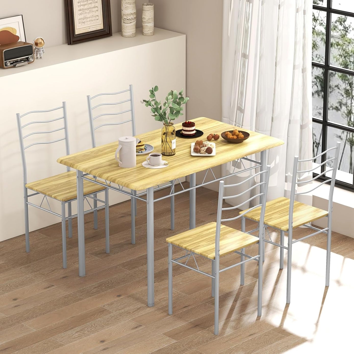 Giantex 5 PCS Dining Table Set, Counter Height Table with Spacious Rectangular Tabletop, Dining Desk w/ 4 High Backrest Chairs & Anti-Slip Pads, Kitchen Furniture for Home Restaurant (Silver+Natural)
