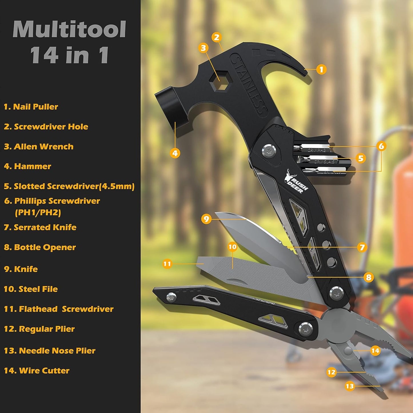 Rush Deer 14-in-1 Multitool, Gifts for Dad, Mini Hammer Multitool, Small Hammer Tool, Survival Gear and Supplies, Christmas Gift for Boy Husbands