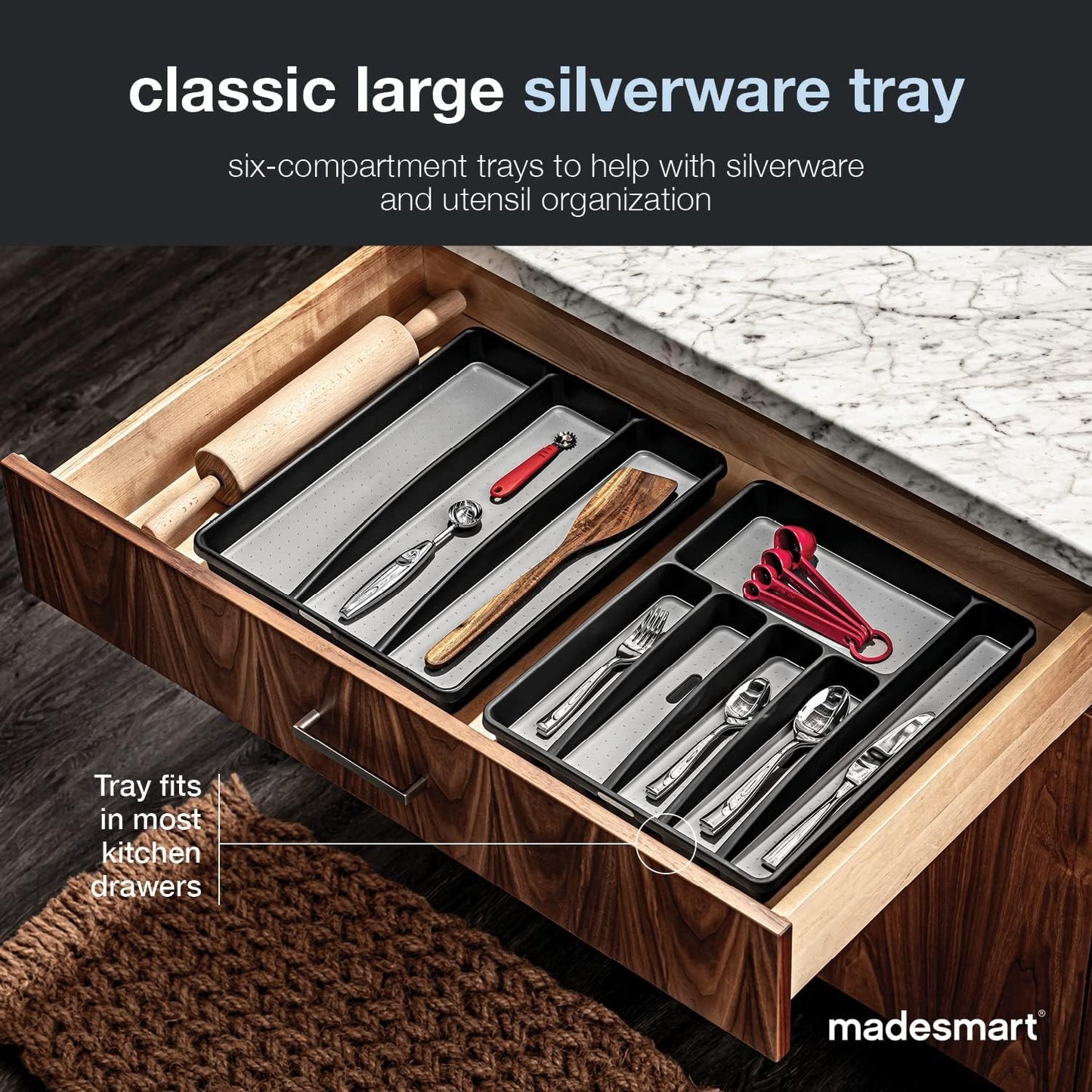 Madesmart Classic 6-Compartment Plastic Silverware Tray for Drawers, Cutlery and Utensil Tray Kitchen Drawer Organizer, Granite