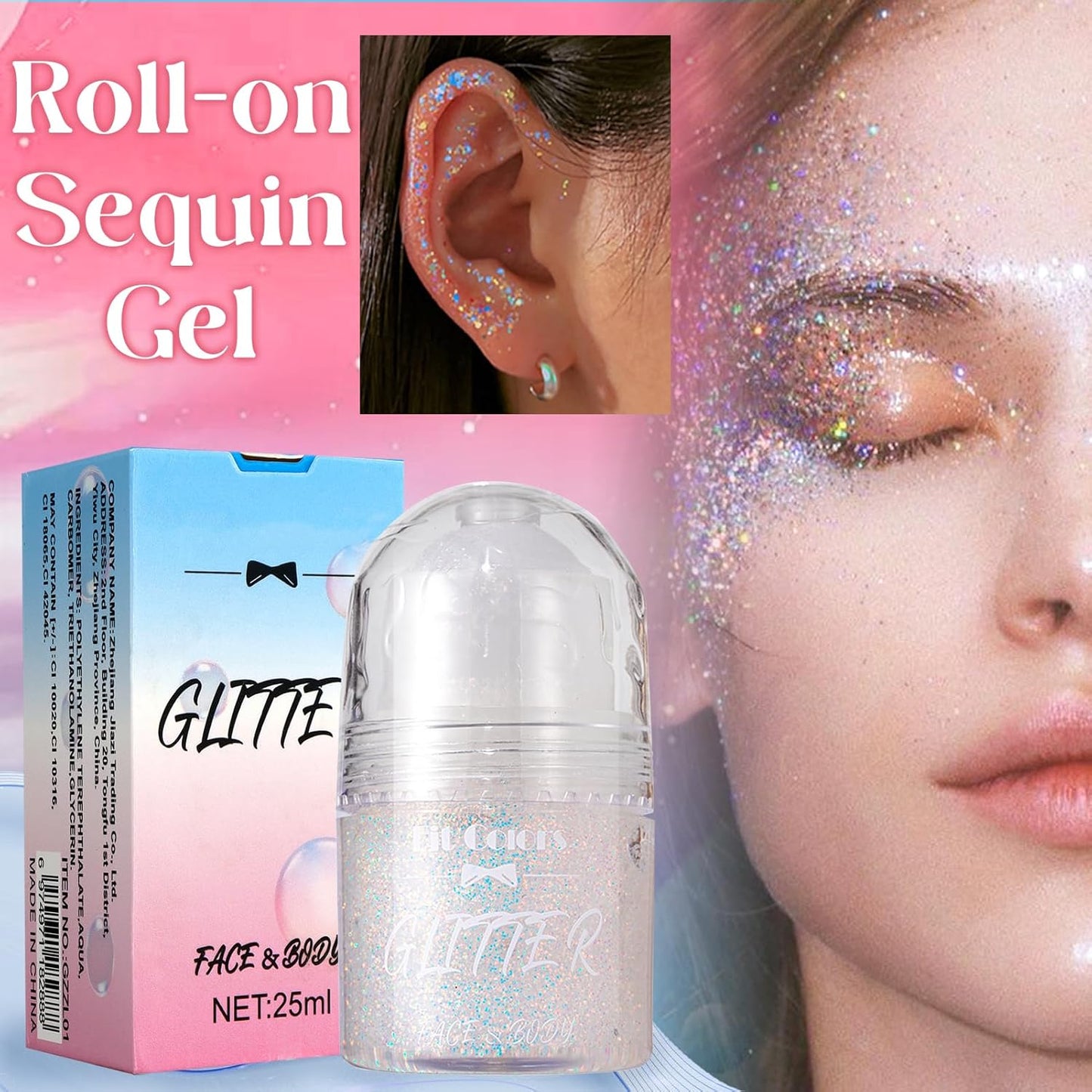 Roll-on Body Glitter Gel, Body Glitter Stick, Body Glitter, Rave Accessories for Face Body Hair, Shimmer Makeup for Halloween Festival Rave Party