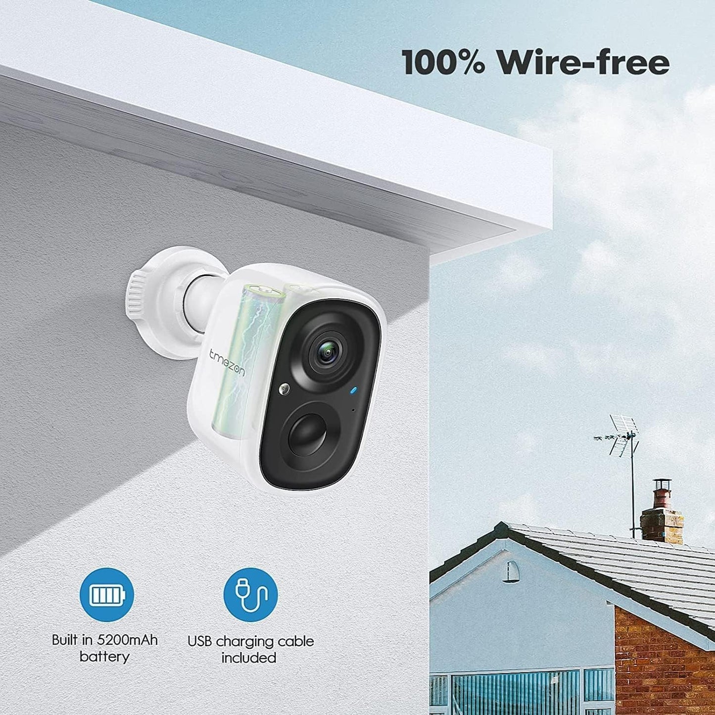 TMEZON 1080p Indoor/Outdoor Security Wireless Camera,Rechargeable Battery/Solar Powered for Home Surveillance, PIR Motion Detection, Stunning Night Vision, Smart Home Supported,Without Solar Panel
