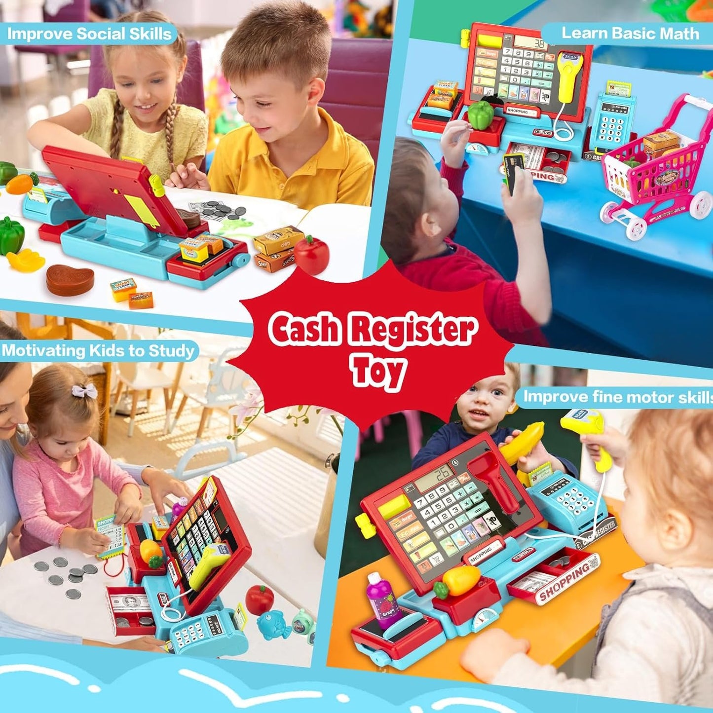 Cash Register for Kids Real Calculator Kids Cash Register with Scanner Toy for 3 4 5 6 7 8 Year Old Boy Pretend Play Store with Music / Food / Shopping Cart Learning Toys Gifts for Boys Ages 4-8