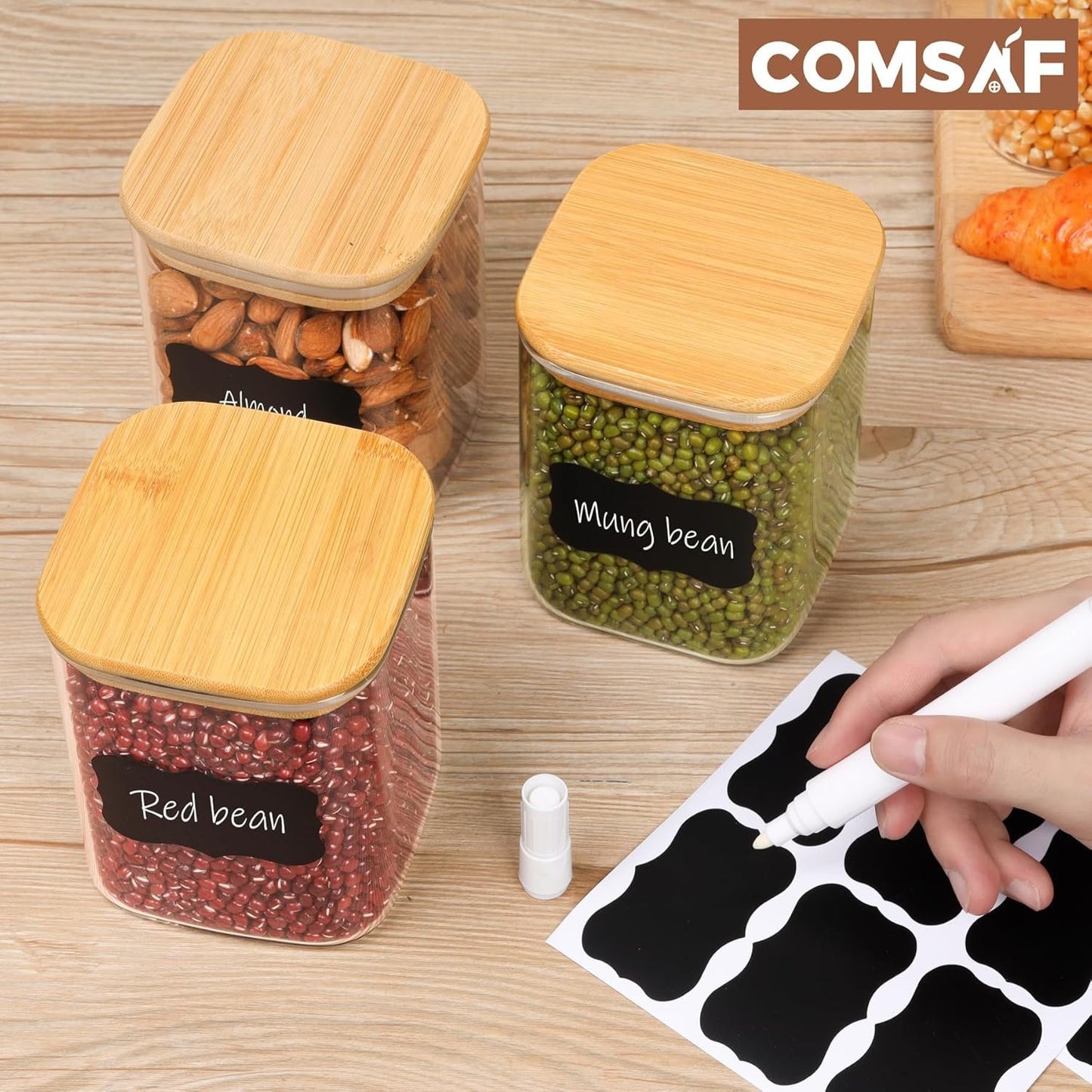 ComSaf Glass Food Storage Jars Set of 6, 27oz/800ml Clear Containers with Airtight Bamboo Lid, Pantry Organization Jar, Spice, Blooming Tea, Coffee and Sugar Container, Canister for Kitchen Square