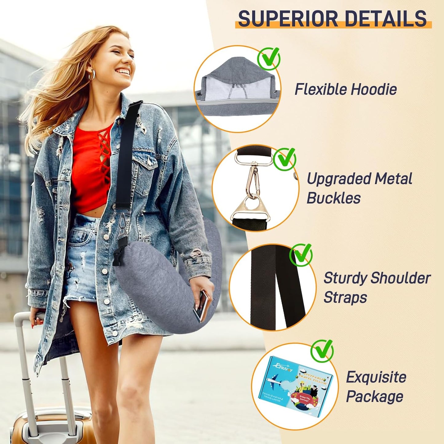 Stuffable Neck Pillow for Travel with Hood, Hoodie Travel Pillow Stuffable with Clothes, Fillable Travel Pillow Storage Bag, Soft Empty Neck Pillow Case, Packable for Airplane Travel Essentials