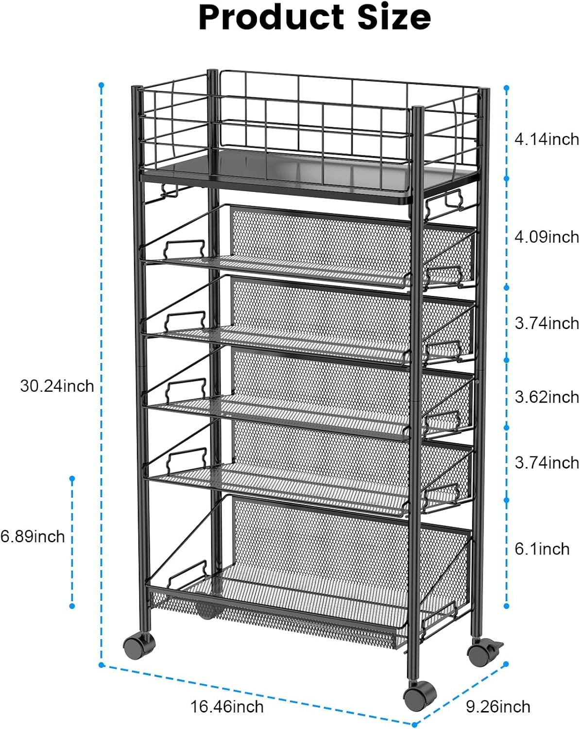 Rolling File Cart with Wheels,Shrivee 6 Tier Metal Rolling File Organizer Cart Beside Desk,Mobile Book Carts with Wheels for Office Home School Teacher Classroom Paper Letter Organization,Black