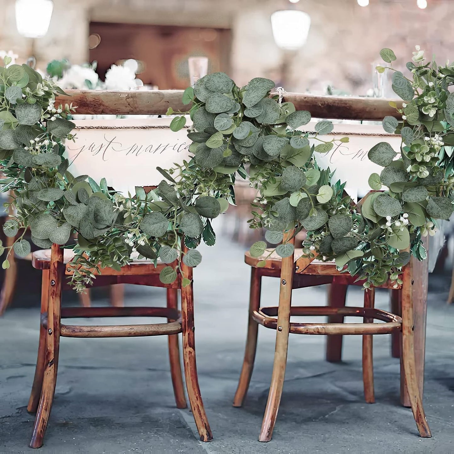 Eucalyptus Garland With White Flowers, 4 Packs 180cm Silver Dollar Eucalyptus Boxwood Gypsophila Vines for Wedding Party Mantle Table Runner Home Decor