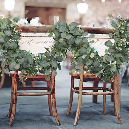 Eucalyptus Garland With White Flowers, 4 Packs 180cm Silver Dollar Eucalyptus Boxwood Gypsophila Vines for Wedding Party Mantle Table Runner Home Decor