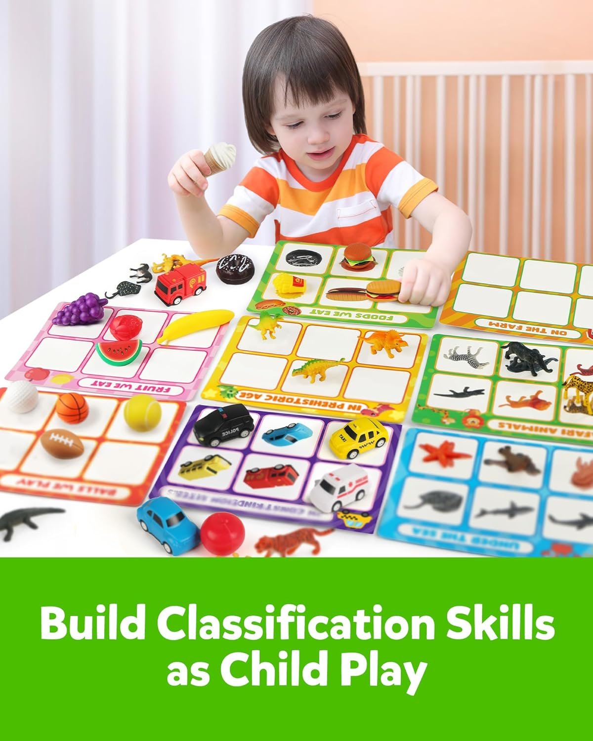 Sorting Toy for Toddlers, Animals Dinosaurs Fruits Vehicles Foods Fishes Balls Farm Playset, Fine Motor Montessori Game Preschool Educational Learning Gift