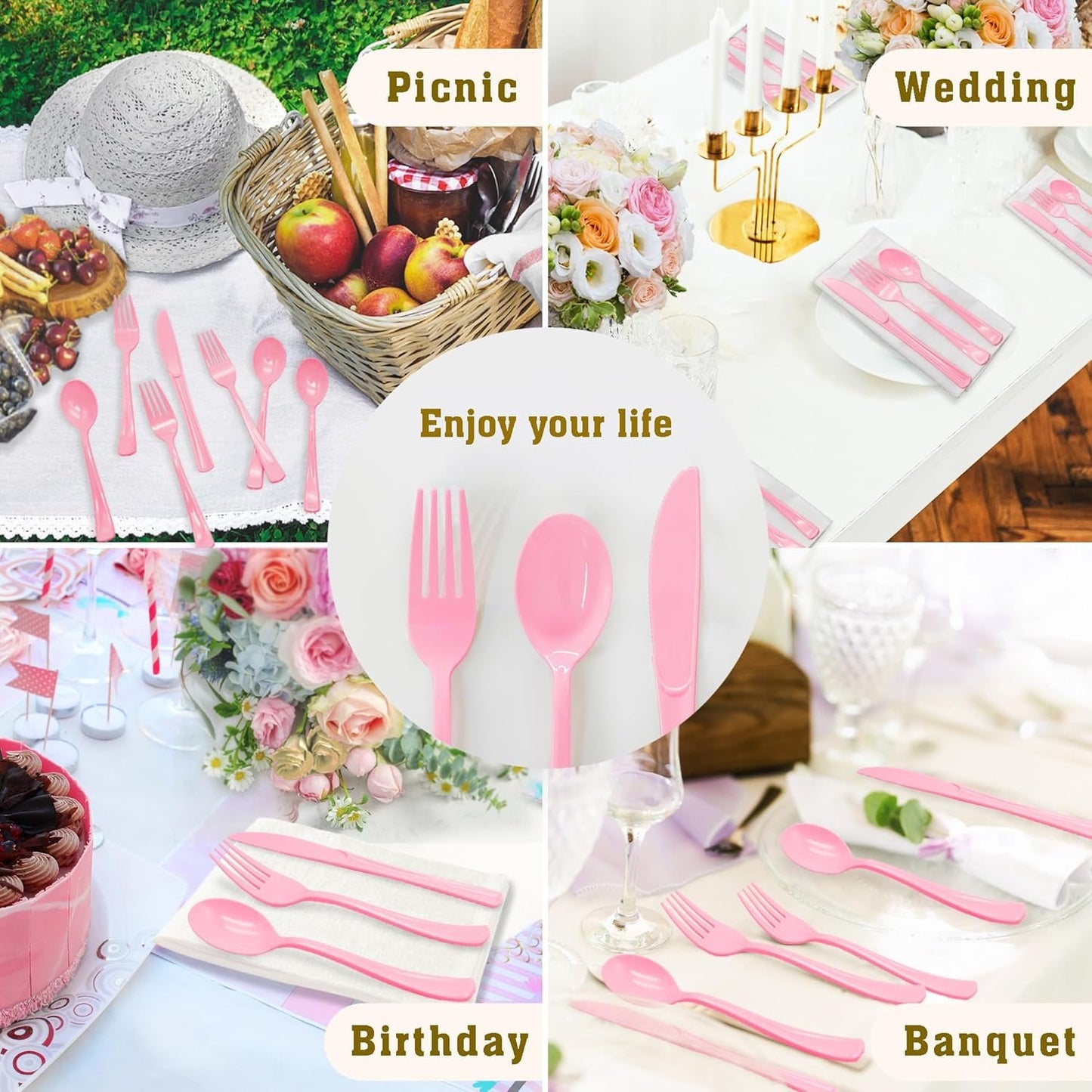 150 Pack Light Pink Plastic Disposable Heavy Duty Utensil Set - 50 Forks, 50 Knives, 50 Spoons for Pink Party Decorations Wedding Birthday