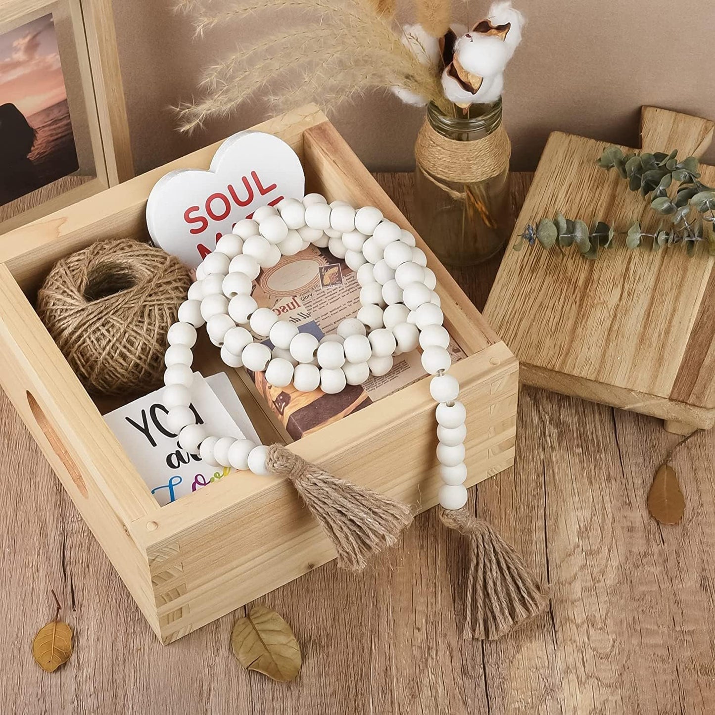 NAGUA 58” Wood Bead Garland Wall Hanging Decor Coffee Table Decor Farmhouse Beads Home Decor for Living Room, Shelf, Tiered Tray, Rustic Boho Decor Wall Hanging Accent
