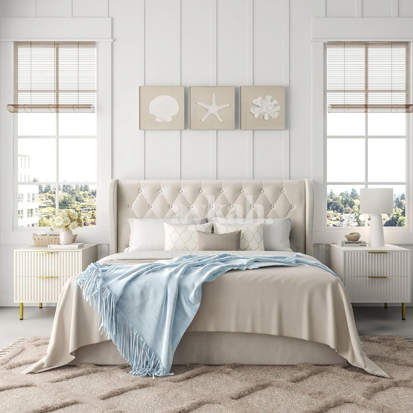 Aykah Velvet Queen Size Bed Frame with Hydraulic Storage, Upholstered Headboard, Modern Wingback Design Bed, Metal Bed Frame with High Headboard, No Box Spring Required,(Ivory, Queen Bed)