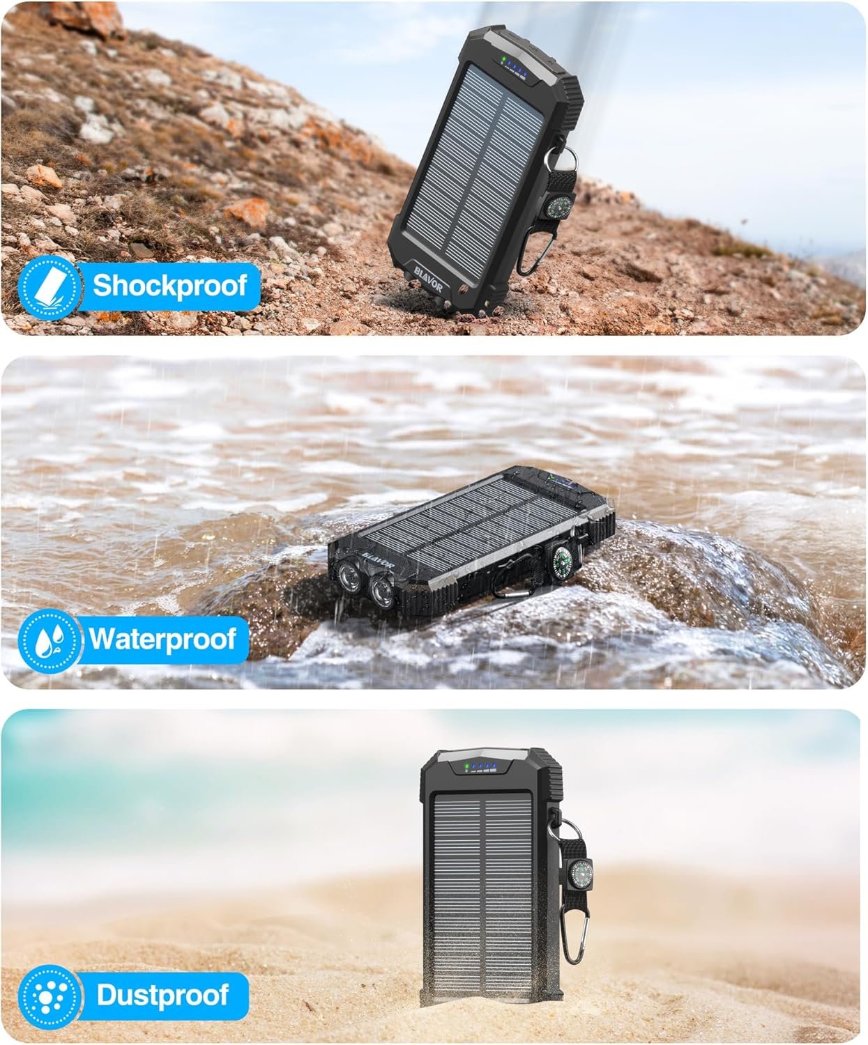 BLAVOR Solar Charger Power Bank 10,000mAh, Portable Wireless Charger, 20W Fast Charging External Battery Pack with USB C for Cell Phones, Solar Panel Charger with Dual Flashlight and Compass