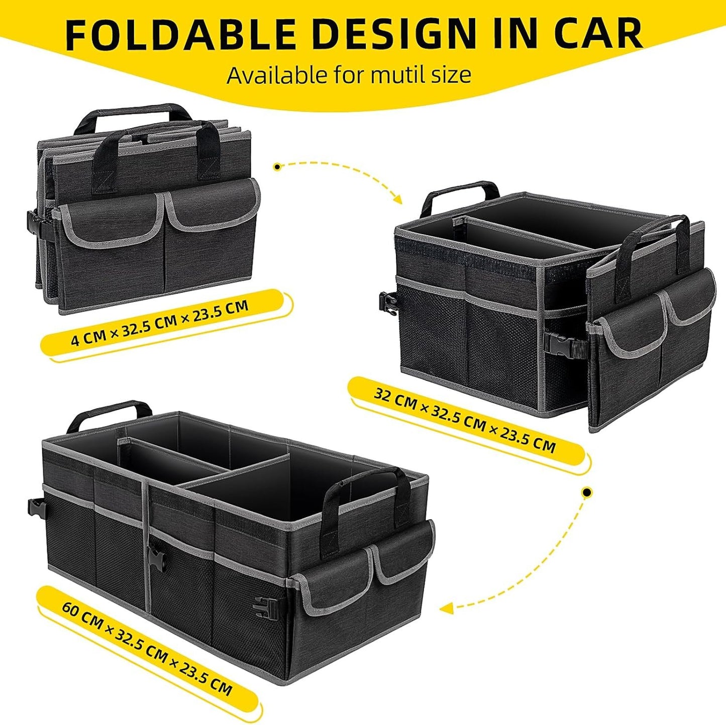 BPFY Black Collapsible Car Trunk Organizer for Suv with Lid, Large Trunk Organizer for Car with Anti Slip Velcro, Oxford Multi-Compartments Car Organizer Trunk