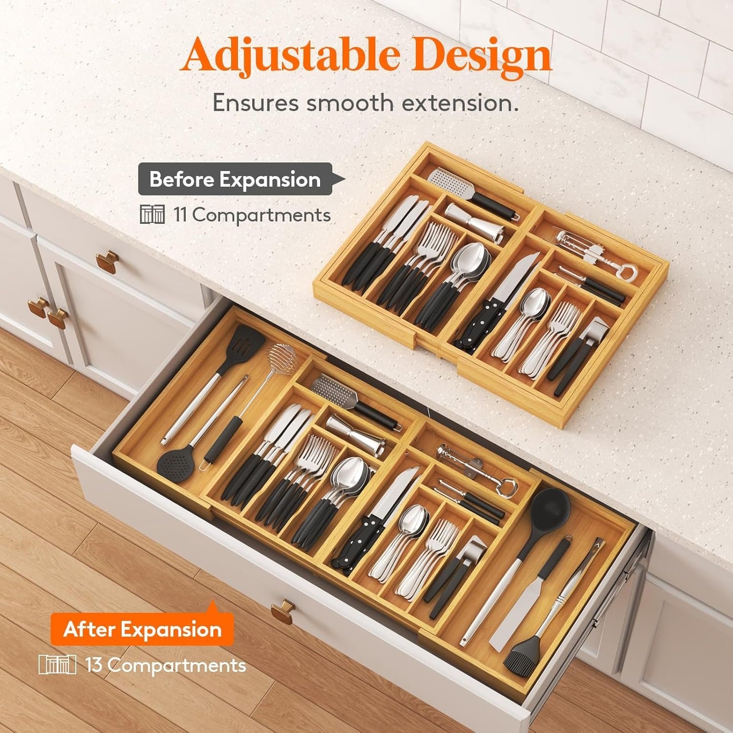 Lifewit Large Silverware Drawer Organizer, Expandable 21.4 to 36 Inches Wide, Bamboo Utensil Tray for Kitchen, Adjustable Flatware and Cutlery Holder for Spoons Forks Knives, 13 Compartments, Natural