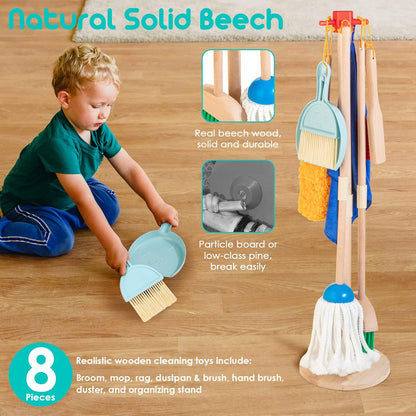 HELLOWOOD Kids Cleaning Set, 8 pcs Housekeeping Pretend Play Set Includes Broom Mop Duster Dustpan Brushes Rag and Organizing Stand, Cleaning Toys for Toddlers Girls Boys Age 3-6, Real Beech Wood