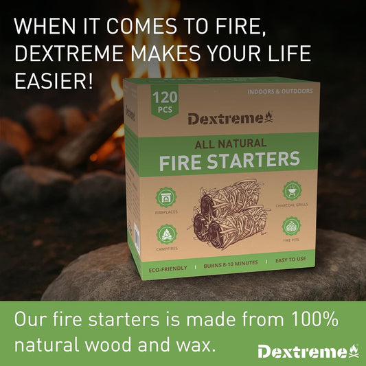 Dextreme Fire Starter (120 PCS) Natural Fire Starters for Campfire, Charcoal Starter, Fireplace, Wood Stove, BBQ, Chimney, Fire Pit, and Grill | All Weather, Odorless, Non-Toxic, w/10 Min Burning Time