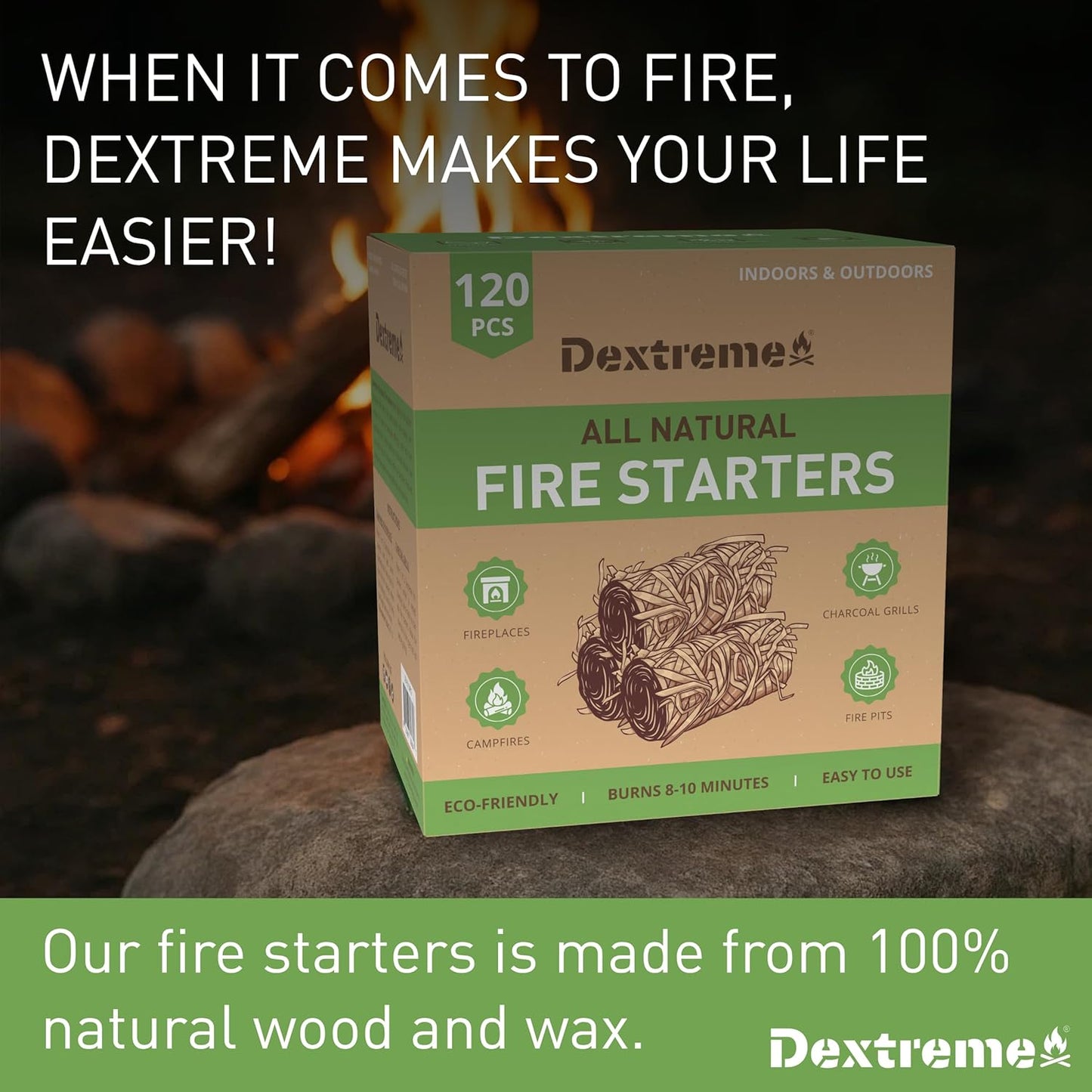 Dextreme Fire Starter (120 PCS) Natural Fire Starters for Campfire, Charcoal Starter, Fireplace, Wood Stove, BBQ, Chimney, Fire Pit, and Grill | All Weather, Odorless, Non-Toxic, w/10 Min Burning Time