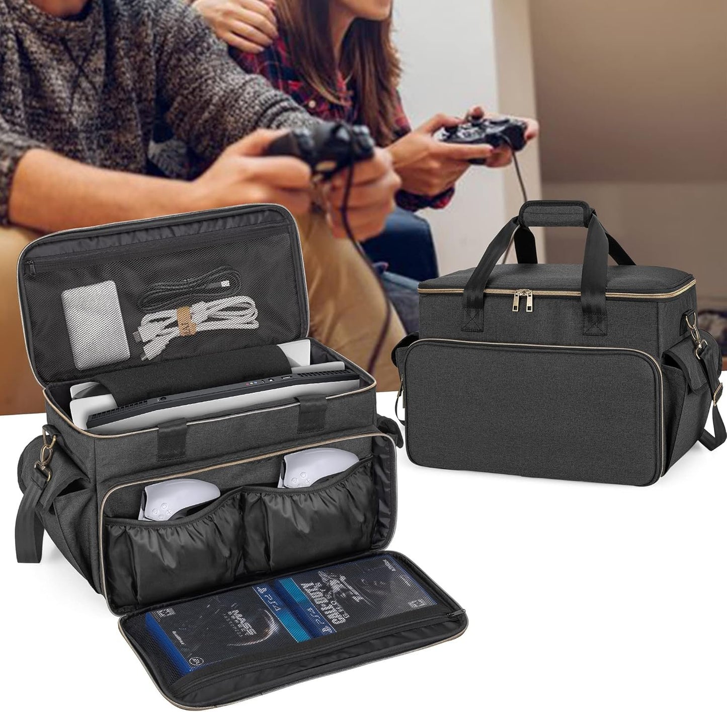 Trunab Gaming Console Travel Bag Compatible with PS5/PS4/Xbox One, Shoulder Storage Bag with Multiple Pockets for 15.6” Laptop and Gaming Accessories (Patented Design)