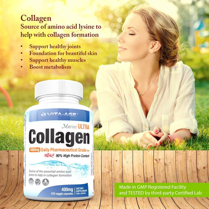 Vita-Nuage | Canada Brand | (2 PACK) Premium Marine Wild Fish Collagen 6000mg 90% High Protein Content 120 Count, 100% Pure Hydrolyzed Collagen