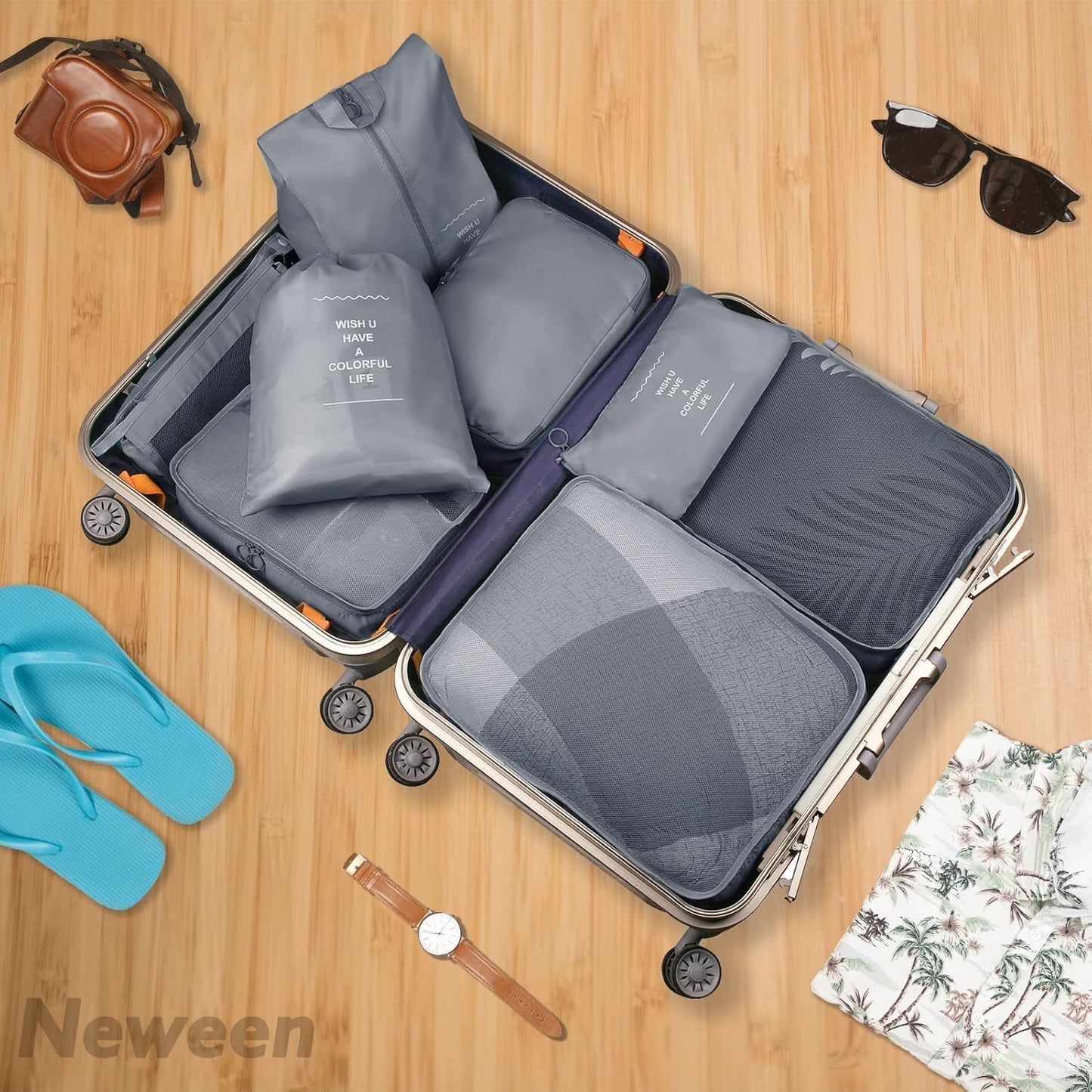 My Corgi Living 8-Piece Cube Travel Luggage Organizer Set - Efficient Luggage Separators & Travel Storage Cubes with Toiletry Makeup Bag, Shoe Bag - Perfect for Families, Men & Women (Grey)