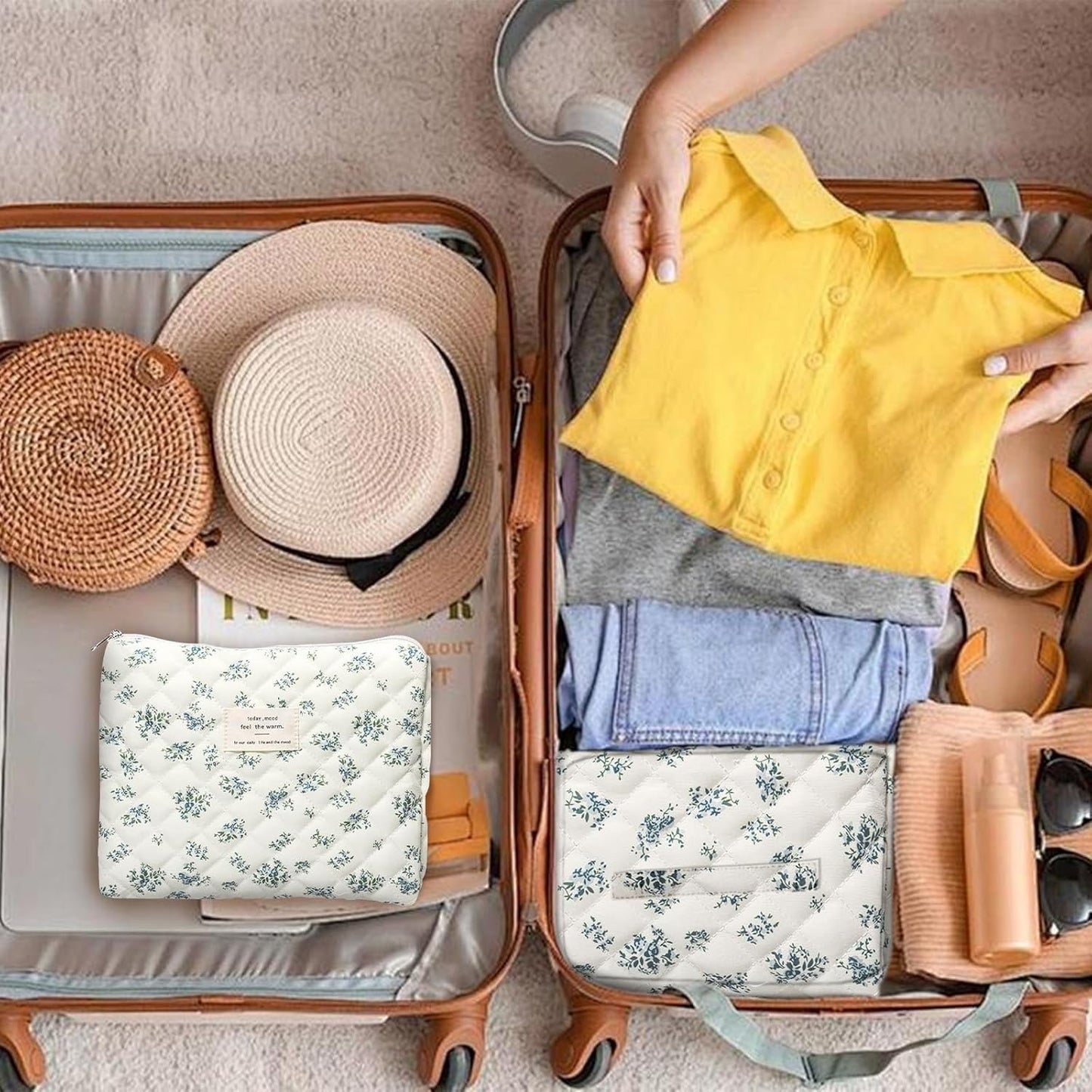 Large Makeup Bag Floral Cosmetic Bag Quilted Flower Travel Makeup Toiletry Bags Set Organizer Cotton Cute Make Up Accessories Zipper Bags Pouch Travel Essentials Gifts for Women Teen Girls Blue