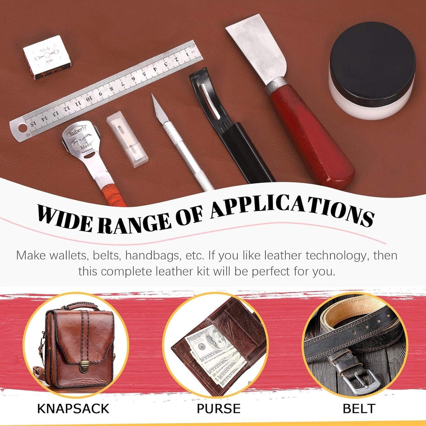 Hilitchi 22Pcs Metal Leather Skiver and Safety Beveler Set, Leather Working Tool, DIY Cutting Tool Kit, Replaceable Skiver Blade, Leather Burnishing Gum, Ruler, Leather Knives for DIY Leather Making