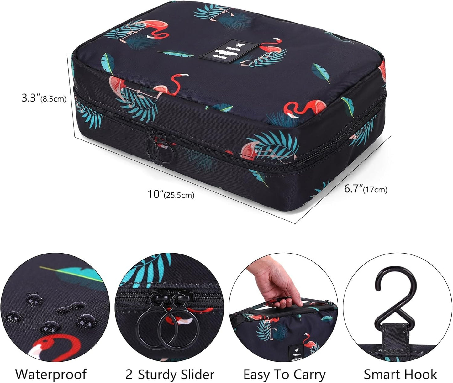 Hanging Travel Toiletry Bag, Ginsco Makeup Bag Cosmetic Bag for Women, Portable Water Resistant Toiletries Bag for Travel, Makeup Organizer with 4 Compartments & 1 Sturdy Hooks Black Flamingo