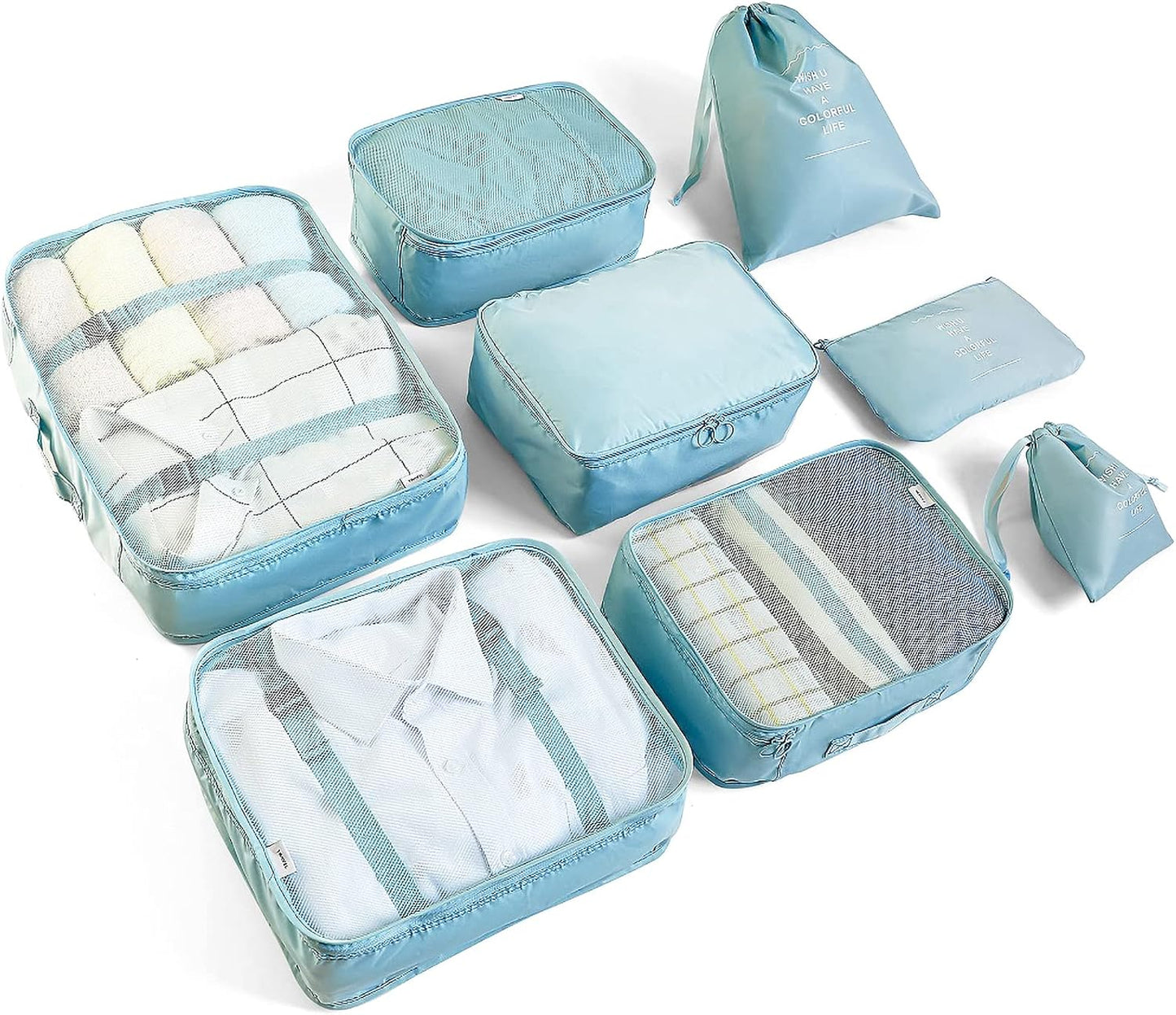 McNory Suitcase Organizer Set of 8, Travel Organizers Cubes Packaging Laundry Bag Luggage Compression Bags for Clothes, Cosmetics, Shoes, Underwear, blue