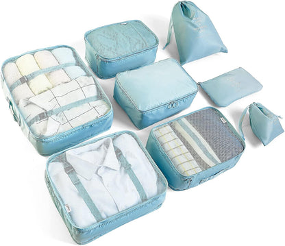 McNory Suitcase Organizer Set of 8, Travel Organizers Cubes Packaging Laundry Bag Luggage Compression Bags for Clothes, Cosmetics, Shoes, Underwear, blue