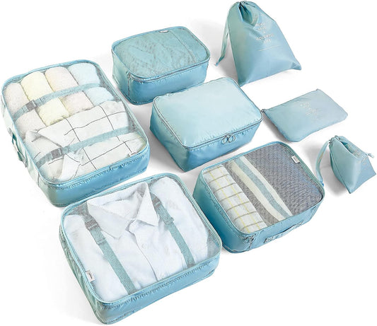 McNory Suitcase Organizer Set of 8, Travel Organizers Cubes Packaging Laundry Bag Luggage Compression Bags for Clothes, Cosmetics, Shoes, Underwear, blue