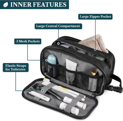 PAVILIA Toiletry Bag for Men, Travel Toiletries Bag | Water-resistant Dopp Kit, PU Leather Shaving Pouch Organizer for Accessories, Cosmetic, Hygiene, Grooming Essentials (Dark Gray), Black, Large