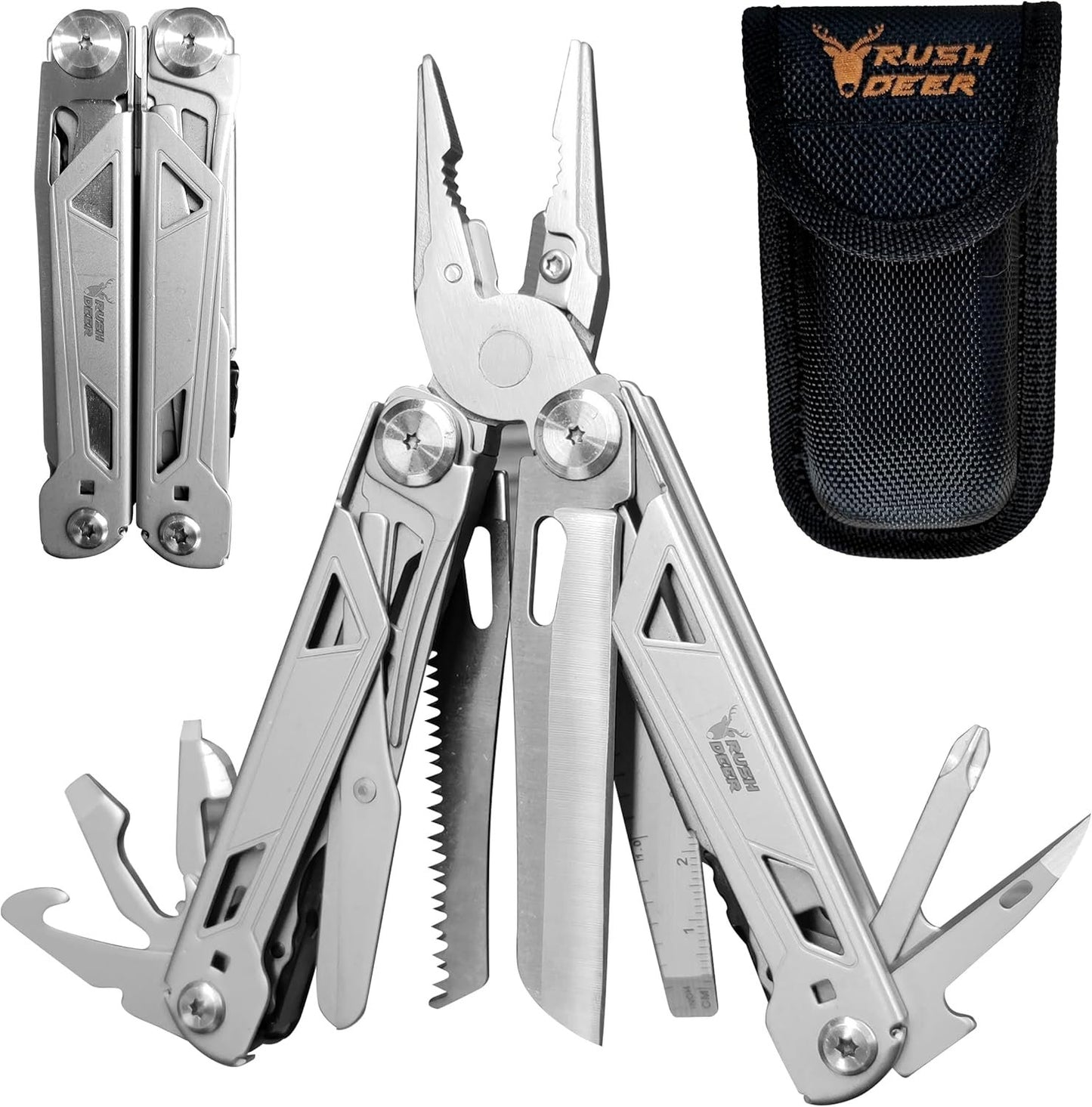 RUSH DEER Multi-Tool 18-in-1 Essential Survival Tools and Multitools Plier- Versatile Camping Tool Kit-Gift for Men-Ultimate Versatile Toolkit for DIY, Outdoor (Sliver)