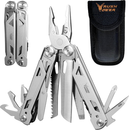 RUSH DEER Multi-Tool 18-in-1 Essential Survival Tools and Multitools Plier- Versatile Camping Tool Kit-Gift for Men-Ultimate Versatile Toolkit for DIY, Outdoor (Sliver)