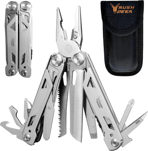 RUSH DEER Multi-Tool 18-in-1 Essential Survival Tools and Multitools Plier- Versatile Camping Tool Kit-Gift for Men-Ultimate Versatile Toolkit for DIY, Outdoor (Sliver)