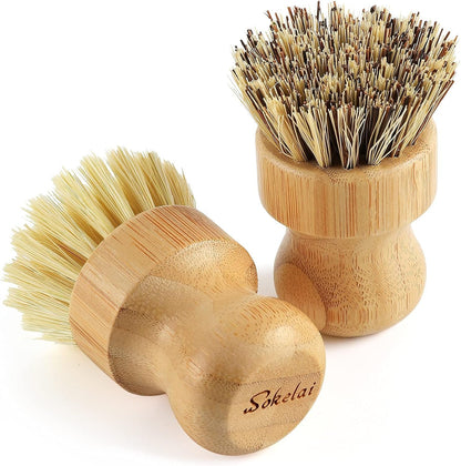 Bamboo Dish Scrub Brushes Set for Kitchen - Wooden Cleaning Scrubbers Brushes, Eco-Friendly Natural Dishes Washing Brush for Dishwashing Cast Iron Pots Pans Skillet Vegetables Sink, Set of 2