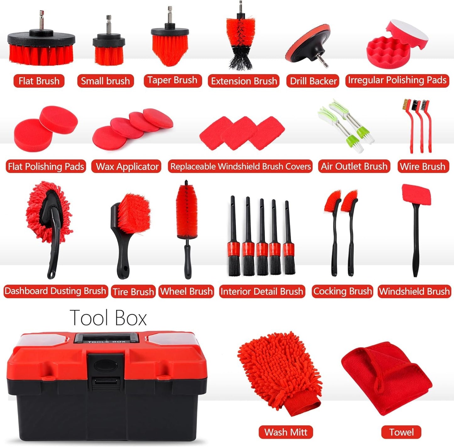 35Pcs Car Detailing Kit, Drill Brush Attachments with Detailing Brush Set and Tools Box, Red Auto Cleaning Kit Interior for Wheels, Dashboard, Windows (B：35PCS-R)
