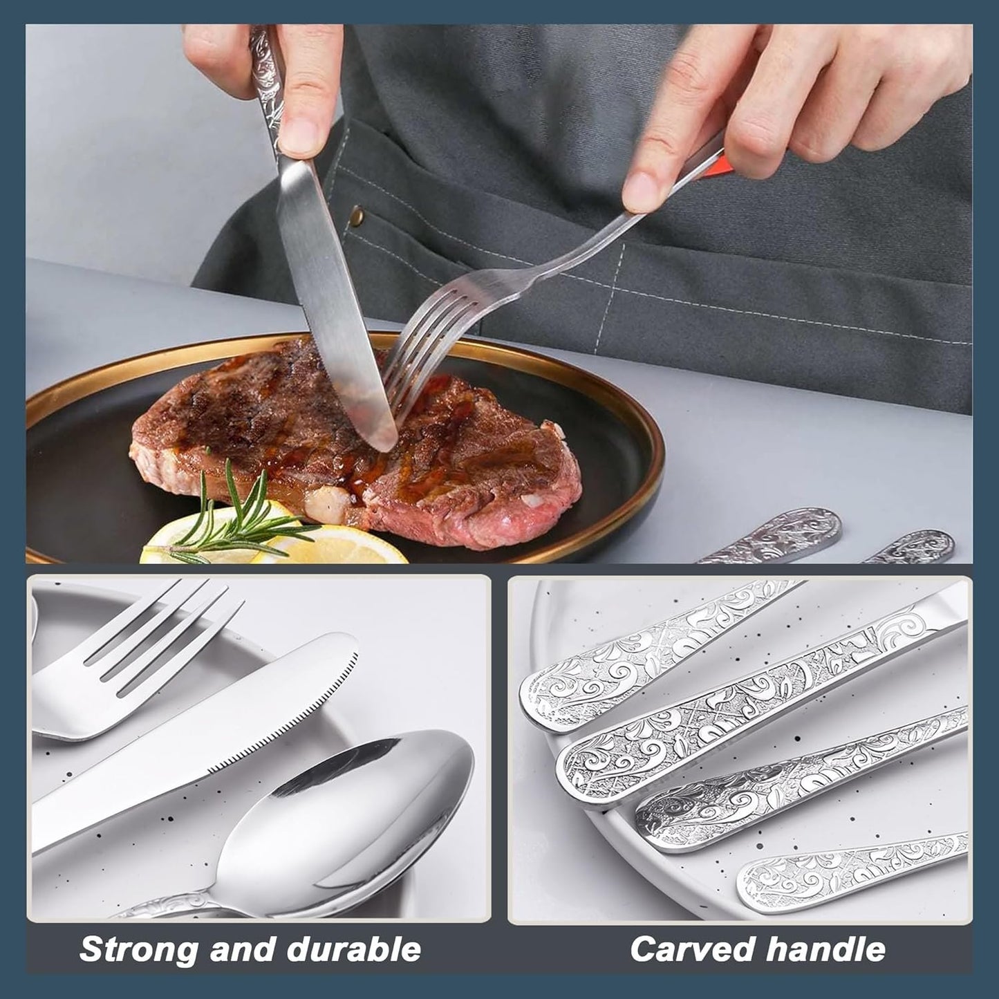 Runfly Vintage Carved Stainless Steel 20 Pieces Flatware Set, Silverware Set, Modern Embossed Cutlery Set Utensils Including Fork Spoon and Knife