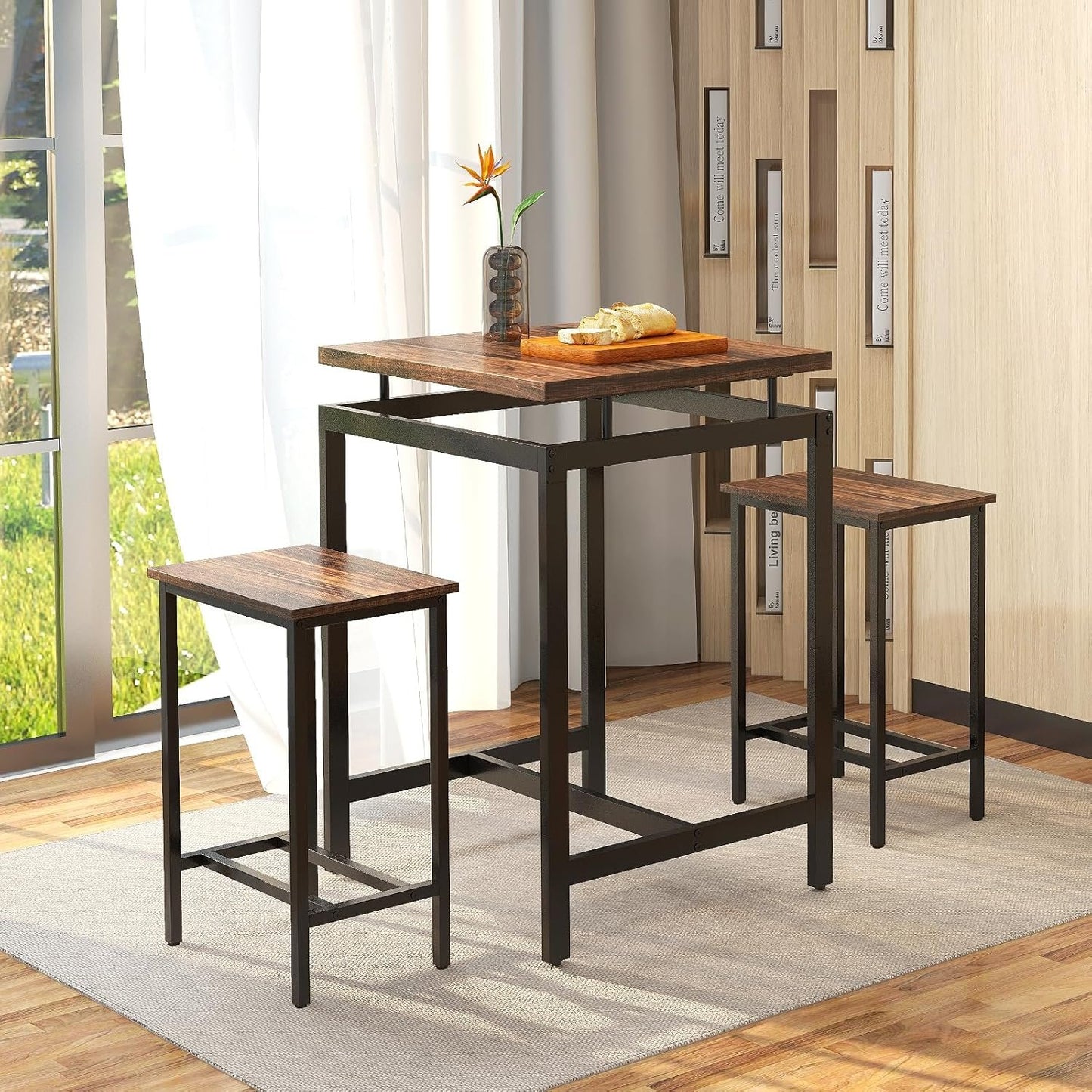 Giantex Small Dining Table Set for 2 - Counter Height Table Set with 2 Stools, Floating Tabletop, Footrest, Metal Frame, Breakfast Nook Table Set for Apartment, Kitchen Table Chairs Set of 2, Brown