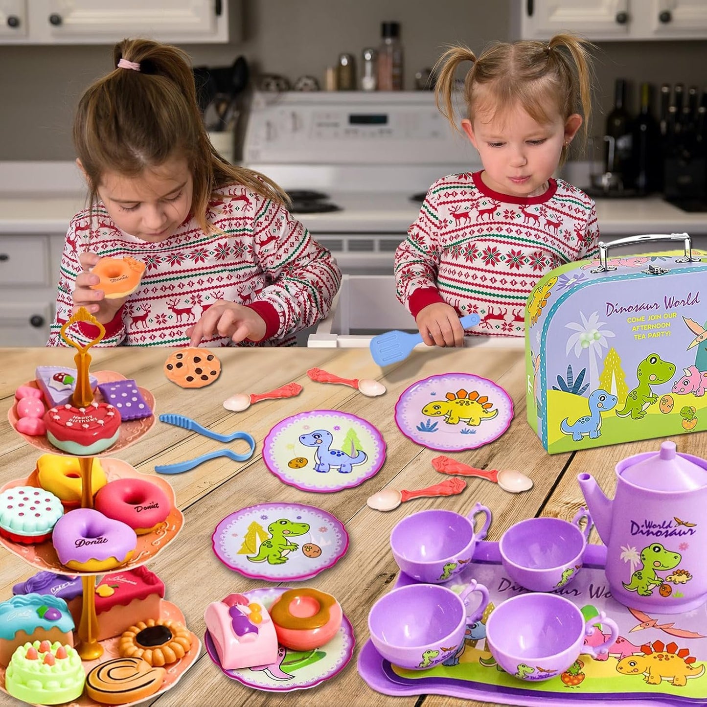 LOYUEGIYO Dinosaur Tea Party Set Toys for Girls Boys Toddler,Children Kitchen Pretend Role Play Food Toy,Educational Learning Kid Girl Toys Gifts for 3 4 5 6 7 Year Old,Teapot&Teacups&Dishes&Desserts