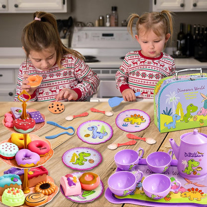 LOYUEGIYO Dinosaur Tea Party Set Toys for Girls Boys Toddler,Children Kitchen Pretend Role Play Food Toy,Educational Learning Kid Girl Toys Gifts for 3 4 5 6 7 Year Old,Teapot&Teacups&Dishes&Desserts