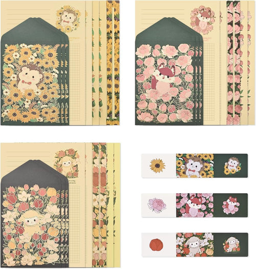 BAYTORY 36Pcs Stationery Paper and Envelopes Set, Cute Animal Patterns Envelope, Love Letter Papers Letter Writing Kit, 18 Paper Sheets + 9 Envelopes (Sheep, Hedgehog, Fox)