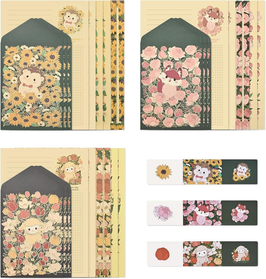 BAYTORY 36Pcs Stationery Paper and Envelopes Set, Cute Animal Patterns Envelope, Love Letter Papers Letter Writing Kit, 18 Paper Sheets + 9 Envelopes (Sheep, Hedgehog, Fox)