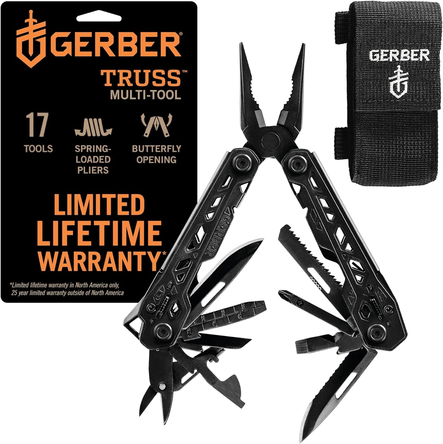 Gerber Gear Truss 17-in-1 Multitool with Pocket Knife and Needle Nose Pliers - Gifts for Men, Compact EDC Gear, Black with Standard Sheath